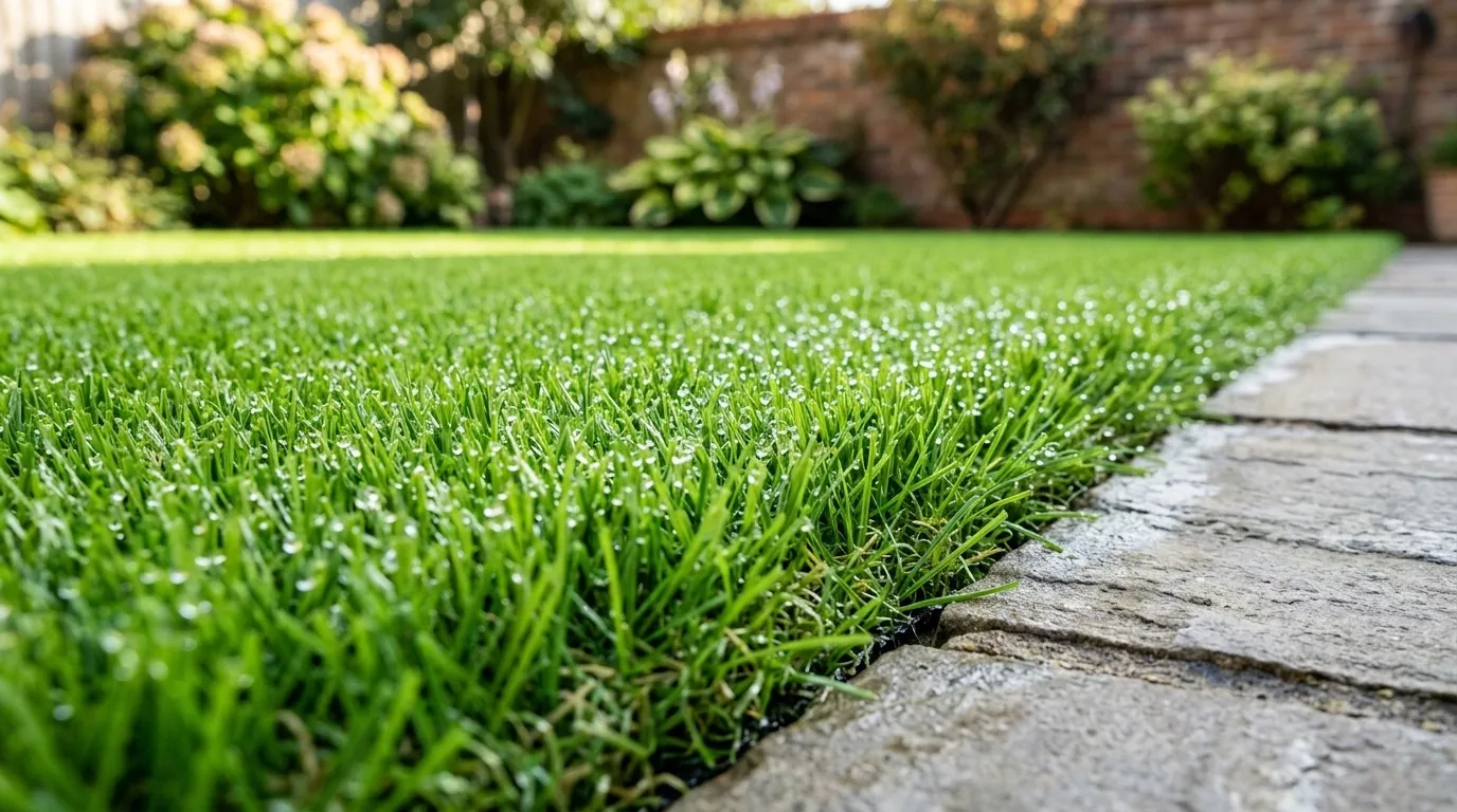 Clean, refreshed bright green artificial grass with water beading on the blades