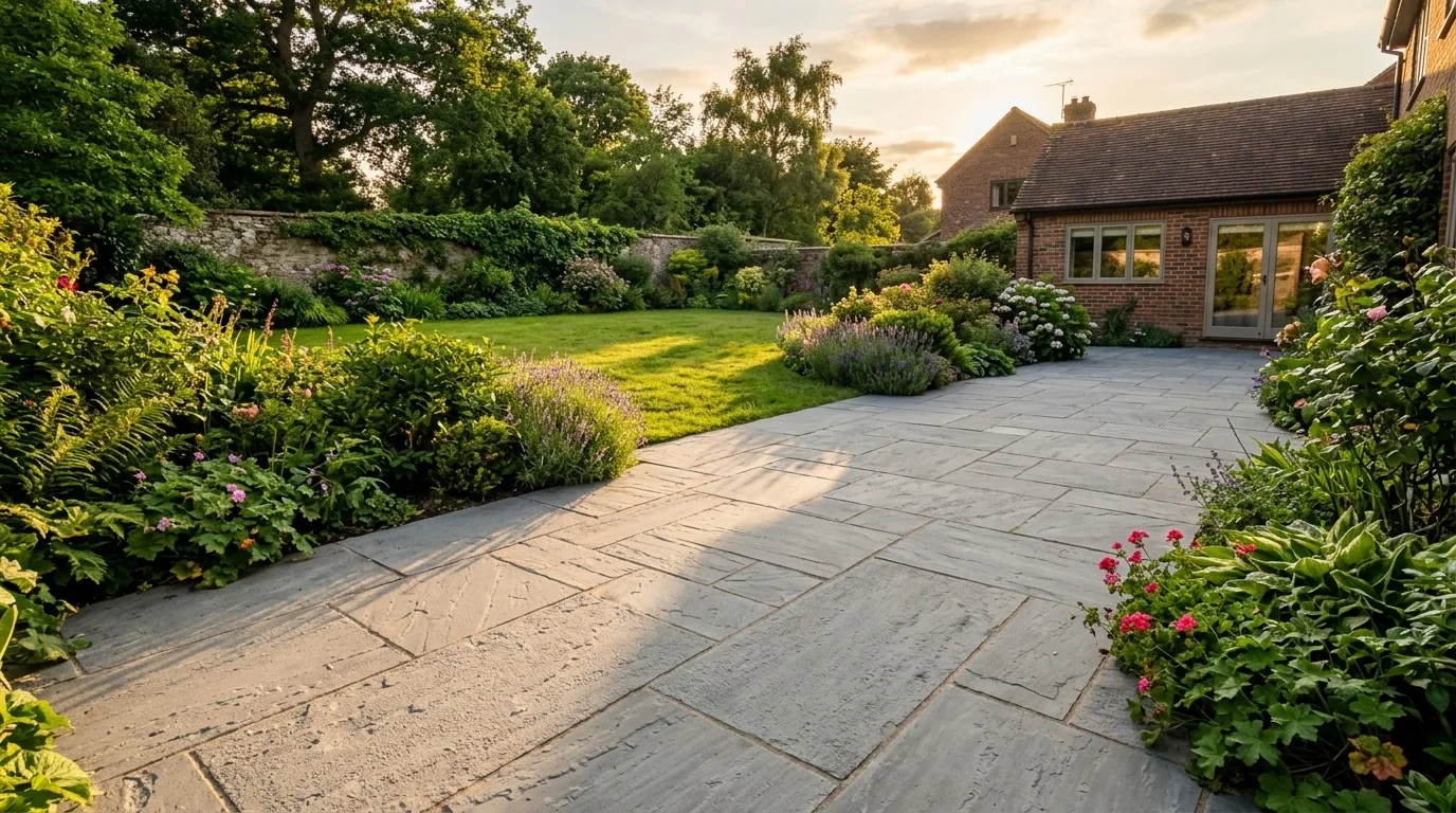 A freshly cleaned patio in a tidy Surrey back garden in low evening light