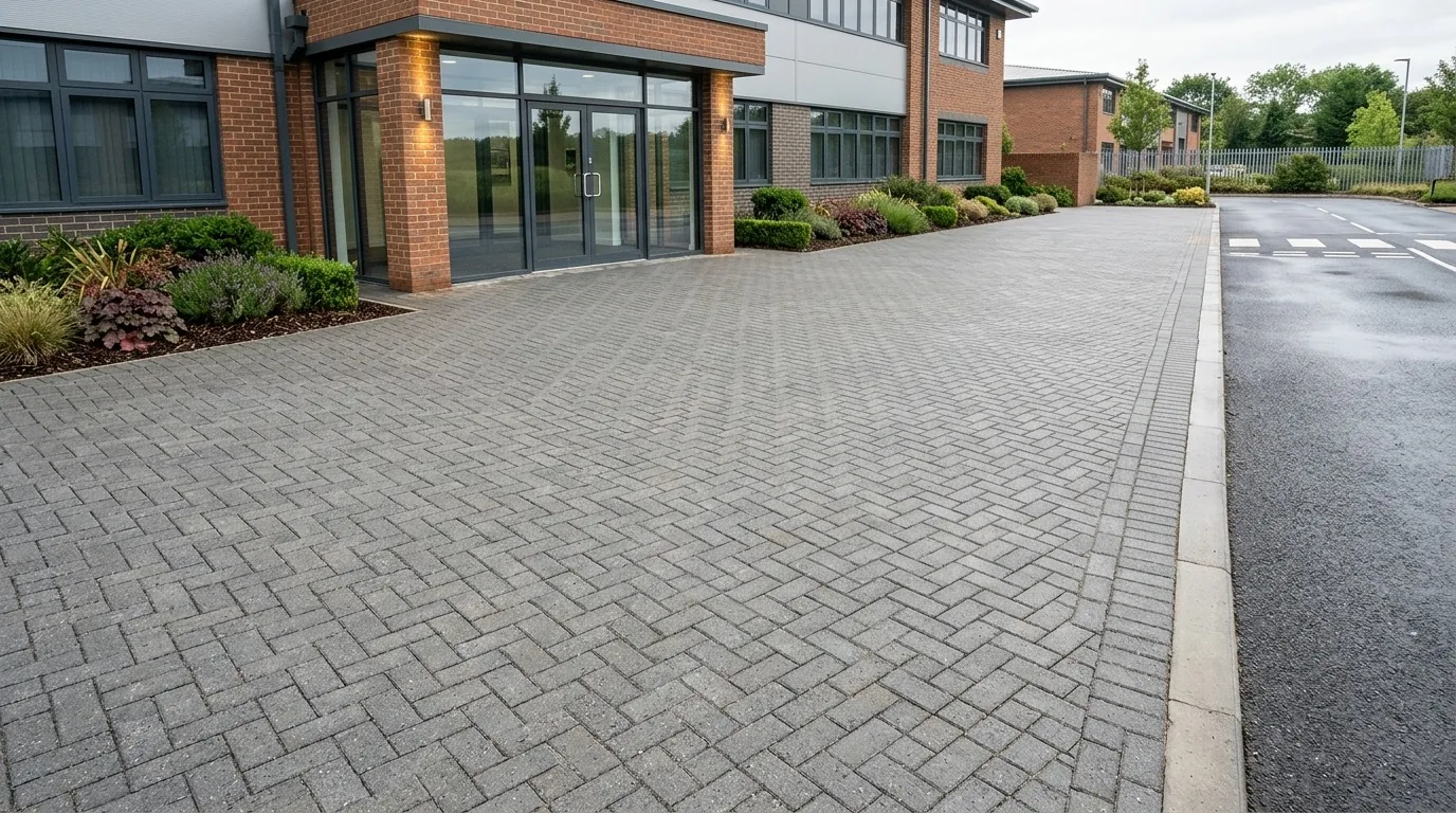 A freshly cleaned block-paved forecourt and entrance at a business premises
