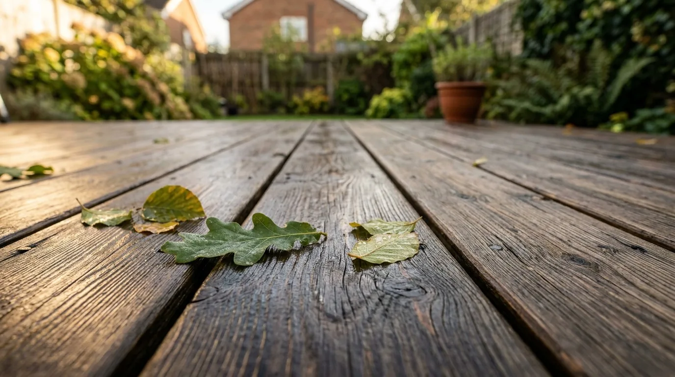 Freshly cleaned timber garden decking, damp with the grain showing
