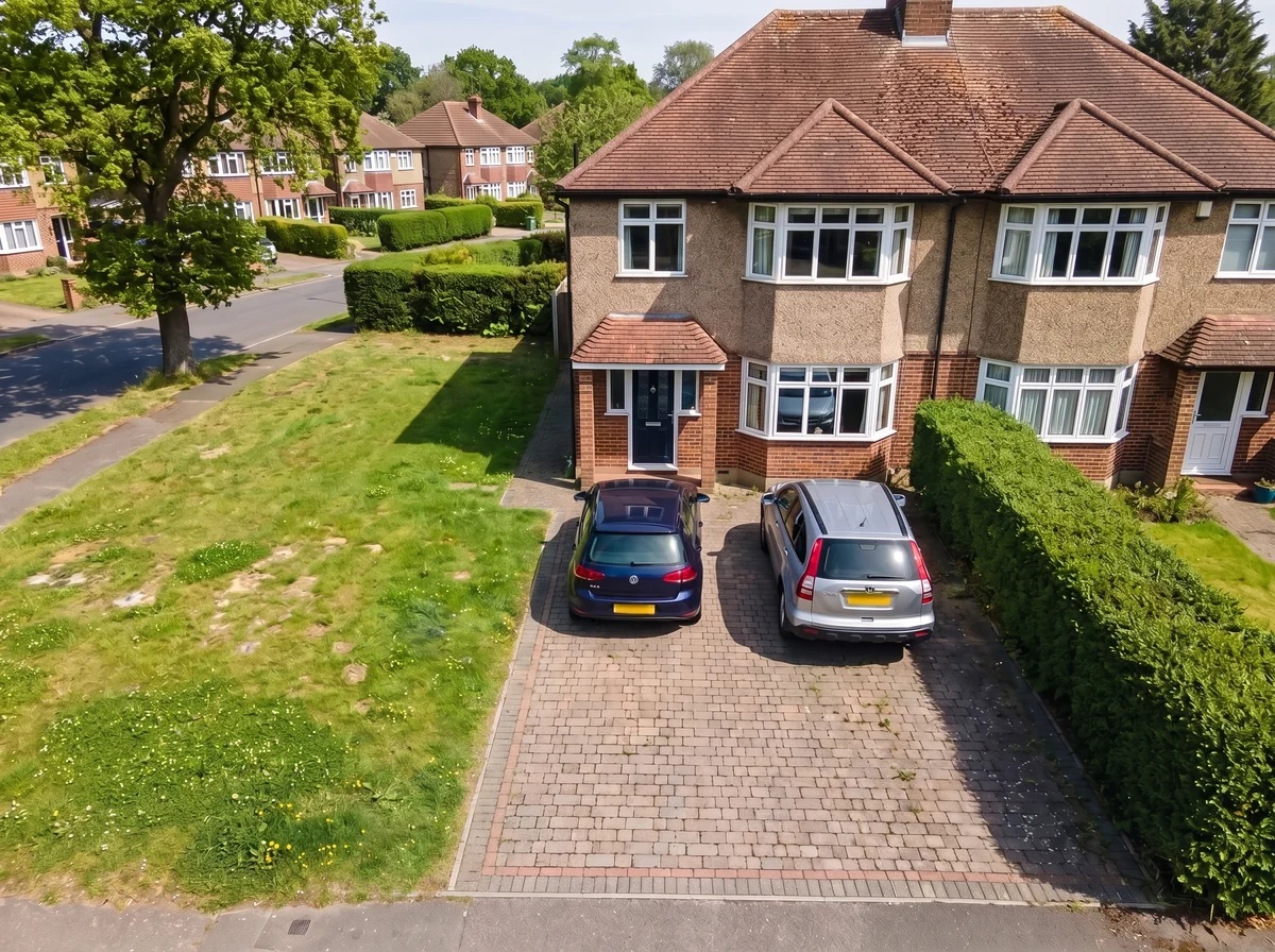 Aerial view of a two-car block-paving driveway at a suburban semi-detached house