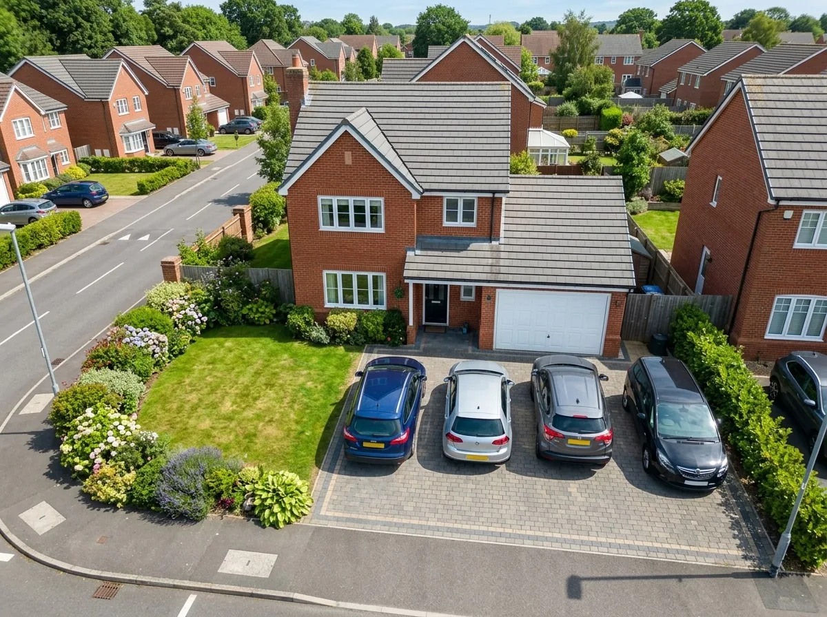Aerial view of a four-car block-paving driveway at a detached family house