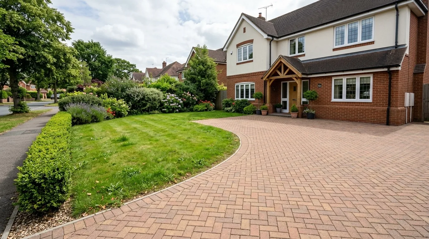 A spotlessly clean herringbone block-paving driveway in front of a Surrey home