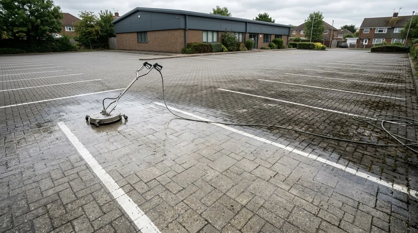 A commercial car park being pressure-washed, oil staining and grime lifted