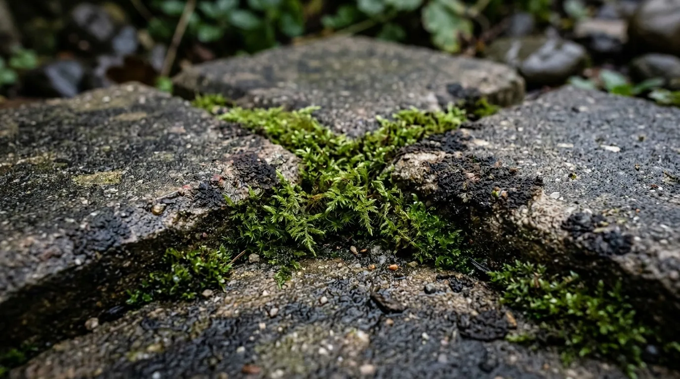 Green moss and black algae growing in the joints of weathered block paving