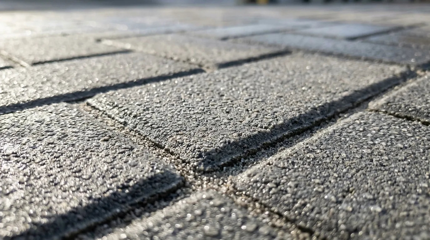 Close-up of freshly cleaned grey block paving, wet and free of grime